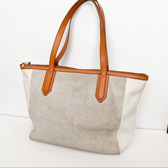 Fossil Handbags - Fossil leather tote white tan handles
